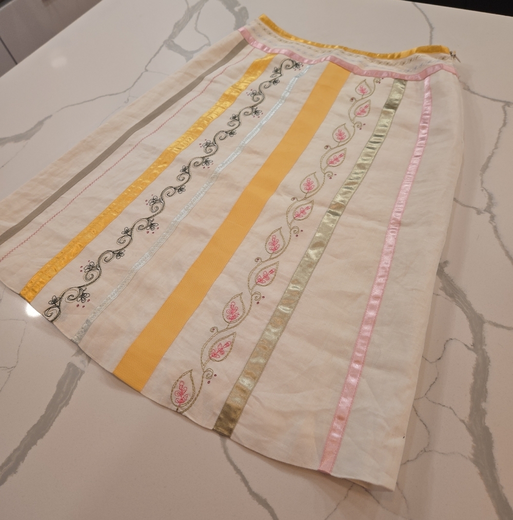 100% Linen Embroidered Whimsical Boho Ribbon Feminie A Line Midi Skirt 4
